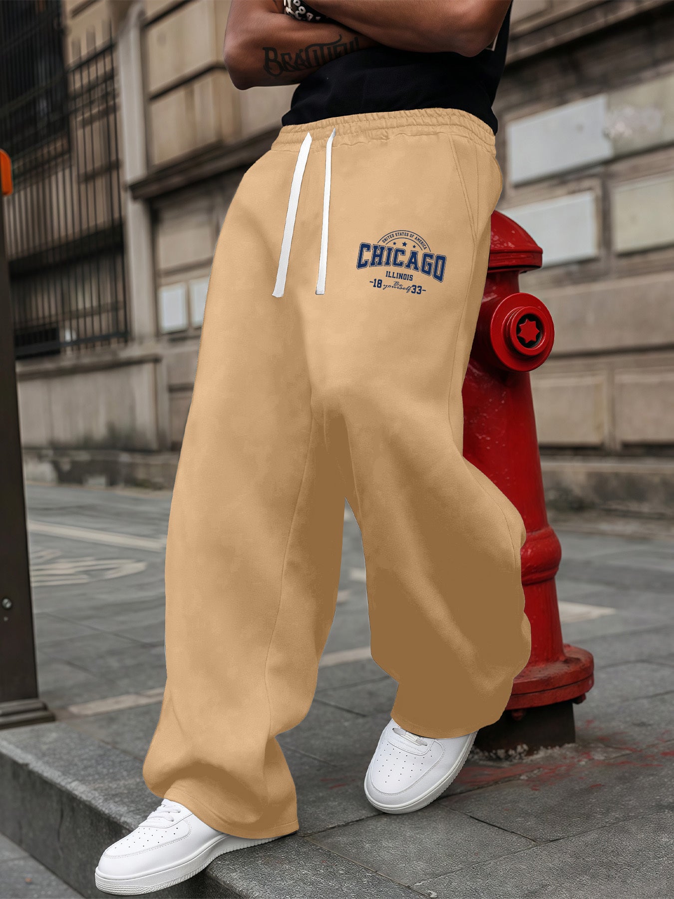 Lencensa - Jogging Homme Coupe Large Tricot Beige