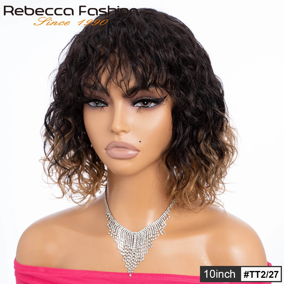 Rebecca perruque courte ondulée vague naturelle Bob perruques perruques de cheveux humains avec frange pour les femmes cheveux péruviens vague d'eau perruque pleine Machine faite