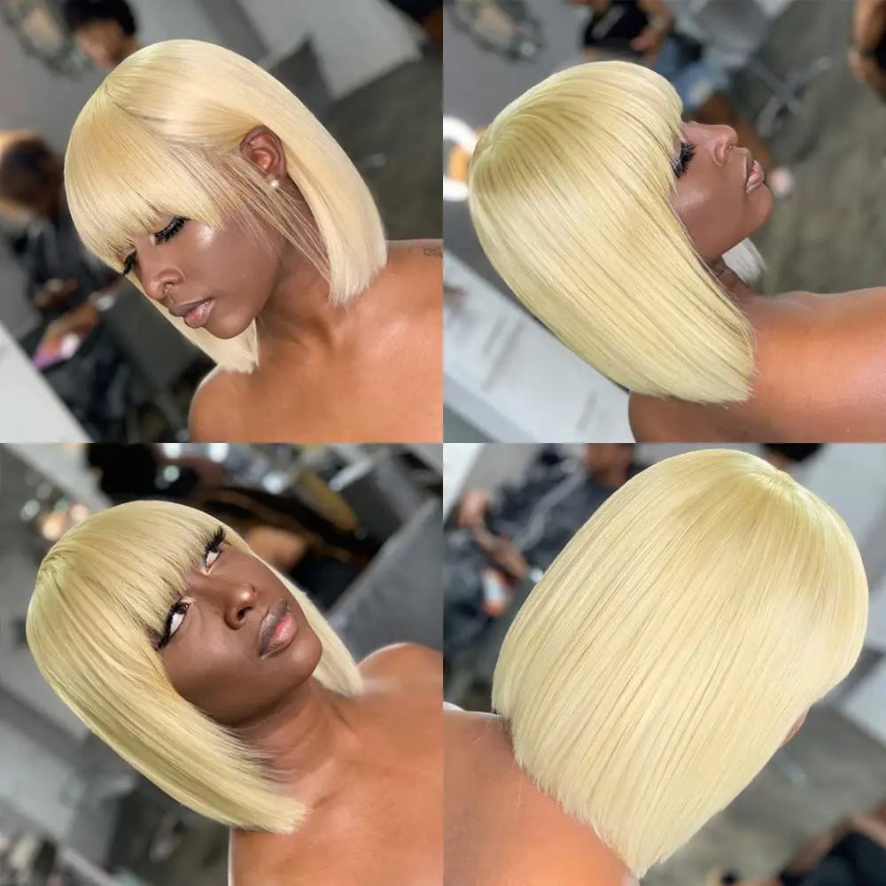 Perruque Bob courte droite avec frange 613 perruques de couleur Blonde 100% perruques de cheveux humains vierges brésiliens 13X4 HD perruque avant de dentelle pour les femmes