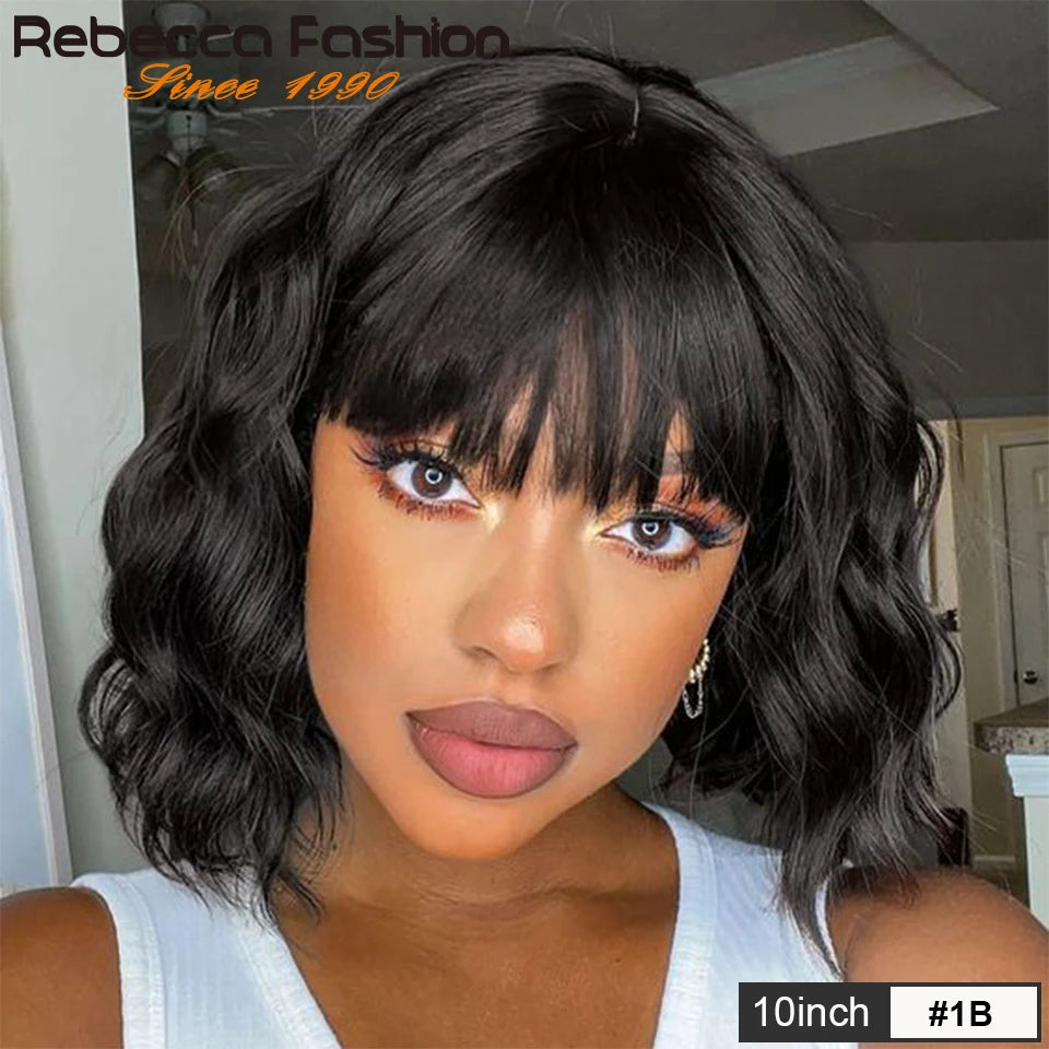 Rebecca perruque courte ondulée vague naturelle Bob perruques perruques de cheveux humains avec frange pour les femmes cheveux péruviens vague d'eau perruque pleine Machine faite