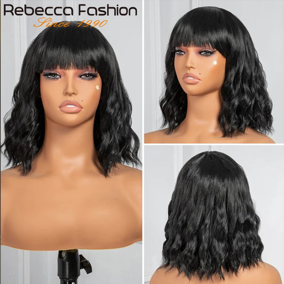 Rebecca perruque courte ondulée vague naturelle Bob perruques perruques de cheveux humains avec frange pour les femmes cheveux péruviens vague d'eau perruque pleine Machine faite