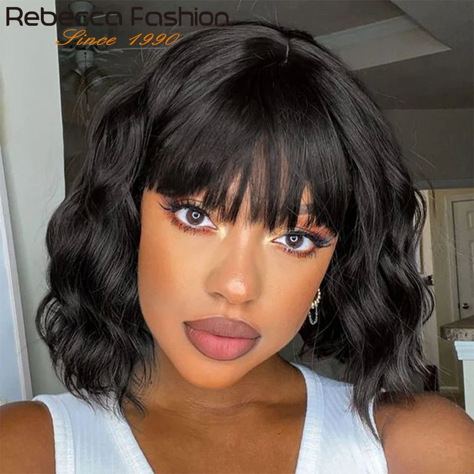 Rebecca perruque courte ondulée vague naturelle Bob perruques perruques de cheveux humains avec frange pour les femmes cheveux péruviens vague d'eau perruque pleine Machine faite