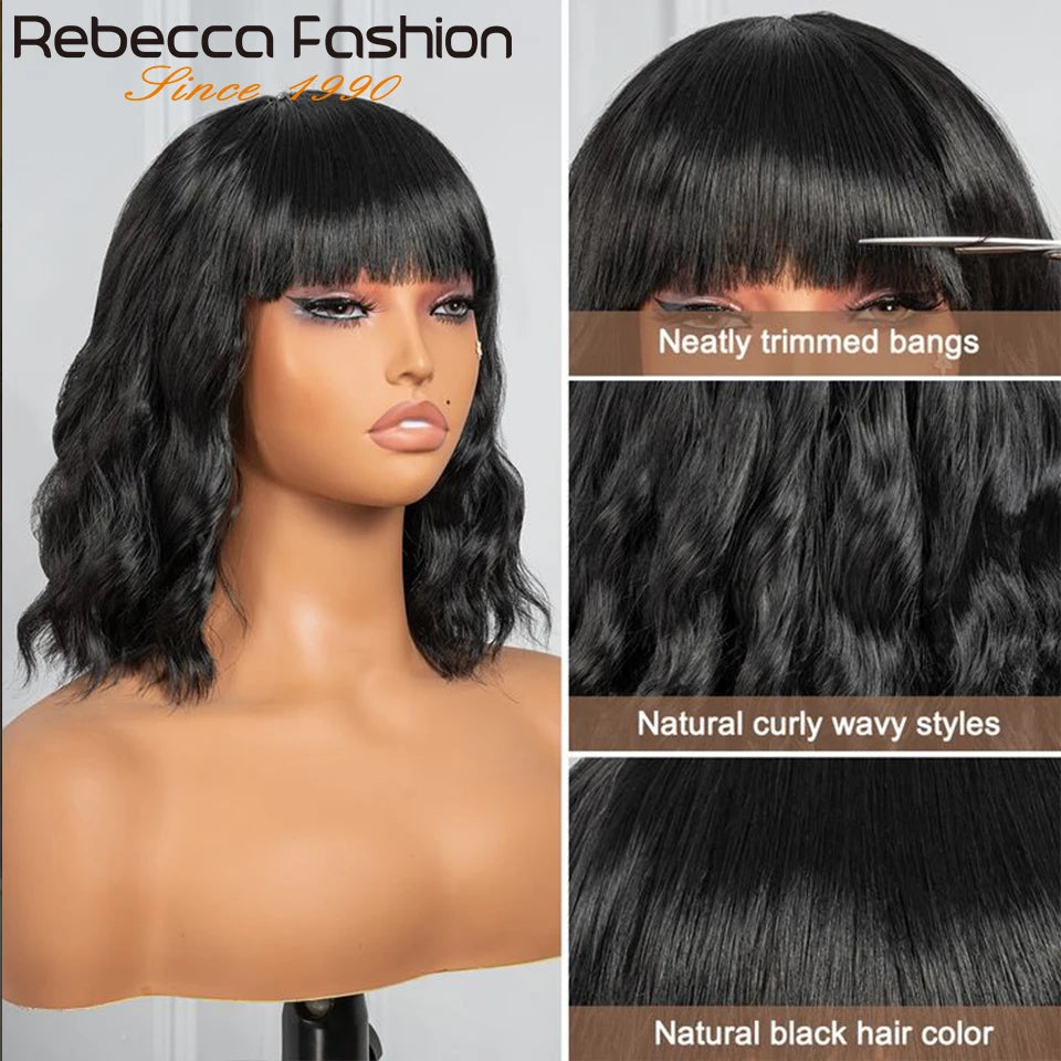 Rebecca perruque courte ondulée vague naturelle Bob perruques perruques de cheveux humains avec frange pour les femmes cheveux péruviens vague d'eau perruque pleine Machine faite