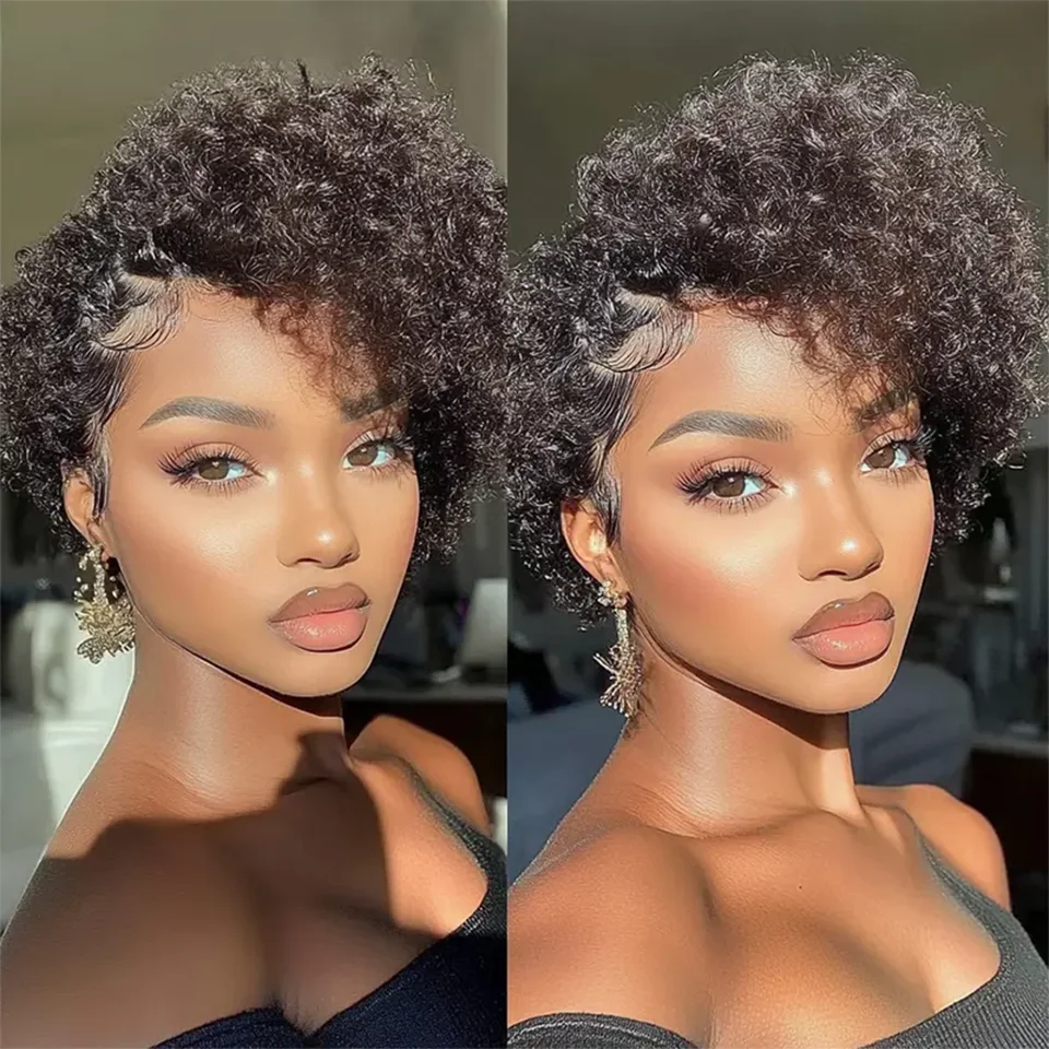 Cheveux brésiliens coupe lutin courte bouclée Bob perruque 13x6x1 t-lace avant perruque de cheveux humains profond bouclés Transparent dentelle partie perruques pour les femmes