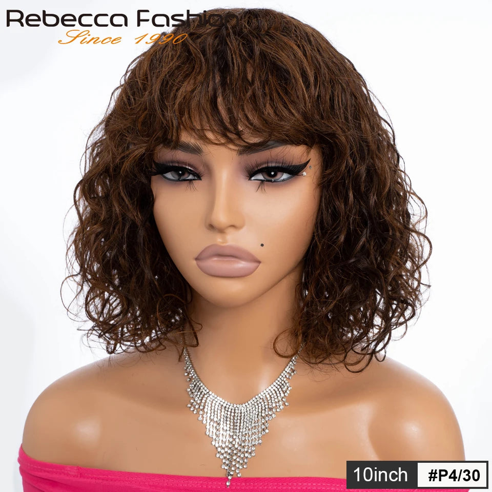 Rebecca perruque courte ondulée vague naturelle Bob perruques perruques de cheveux humains avec frange pour les femmes cheveux péruviens vague d'eau perruque pleine Machine faite