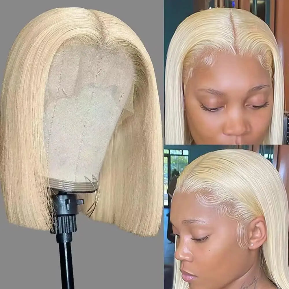 Perruque Bob courte droite avec frange 613 perruques de couleur Blonde 100% perruques de cheveux humains vierges brésiliens 13X4 HD perruque avant de dentelle pour les femmes