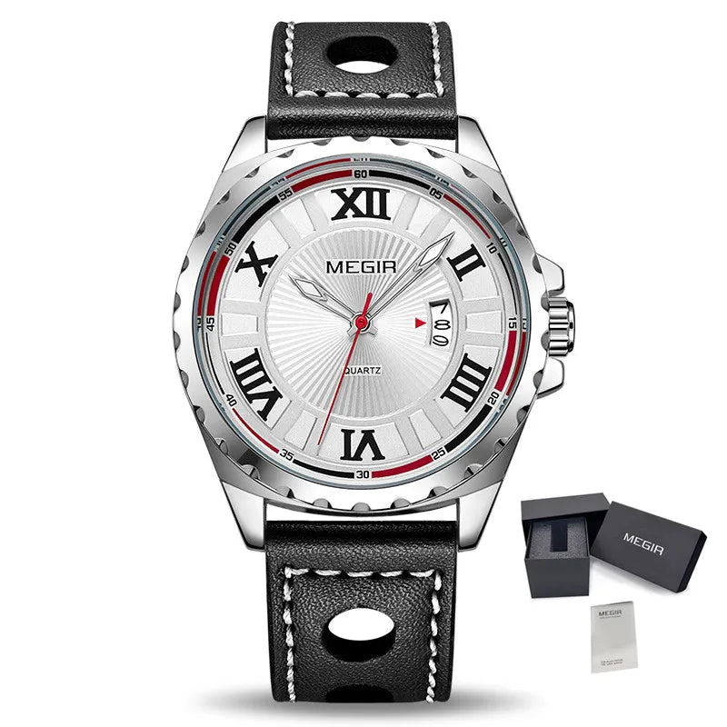 MEGIR 1019 Stylish Sports Watch Genuine Leather Strap Calendar Luminous Hands Waterproof Men Quartz Watches Montre Homme