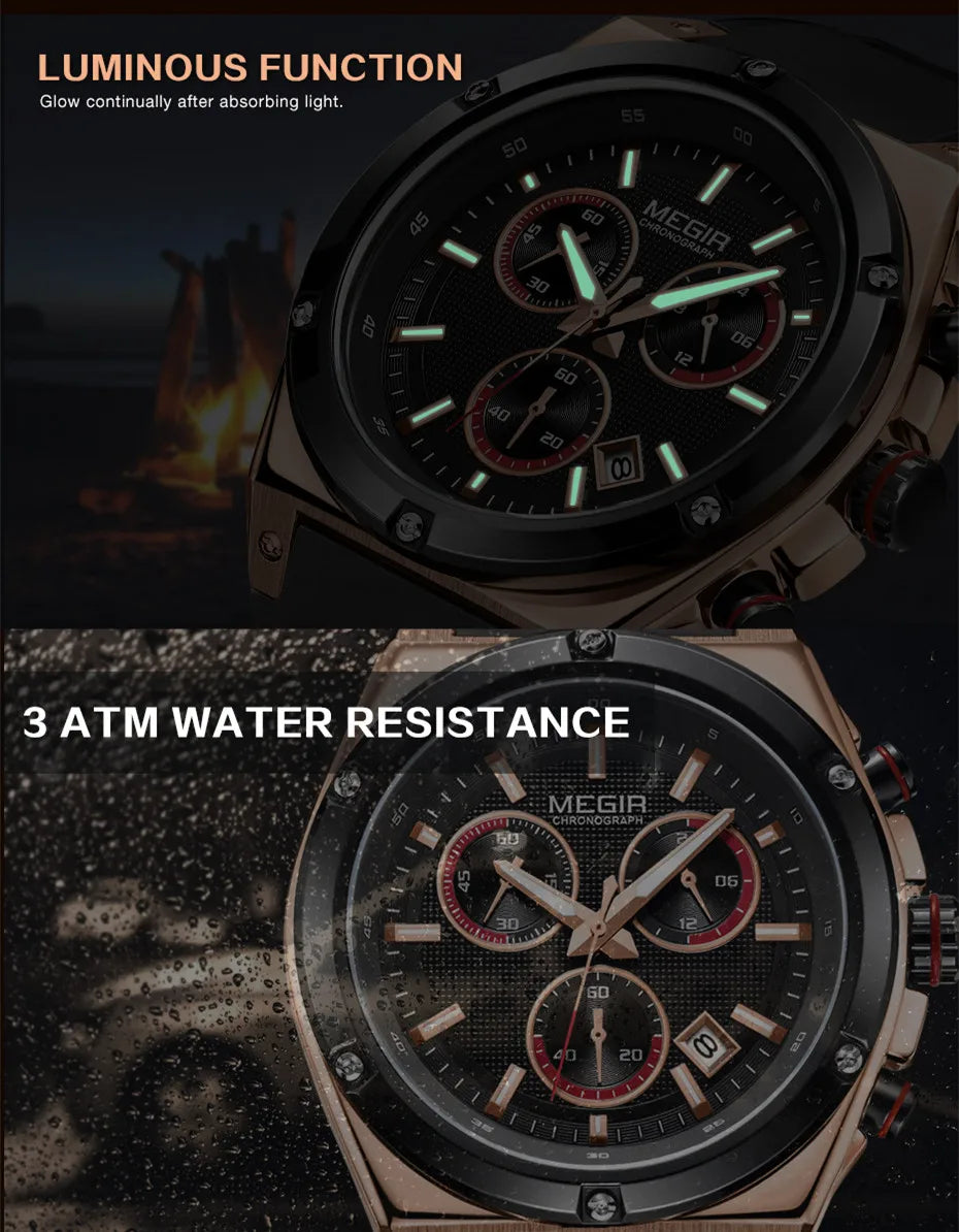 MEGIR 2073 Men Luxury Watches Silicone Quartz Chronograph Fashion Sports Business Wristwatch Luminous Male Clock Montre Homme