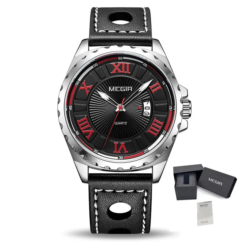 MEGIR 1019 Stylish Sports Watch Genuine Leather Strap Calendar Luminous Hands Waterproof Men Quartz Watches Montre Homme