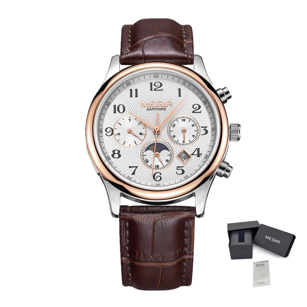 MEGIR 62046 Men Automatic Mechanical Watches Moon Phase Leather Casual Business Wristwatch Sapphire Date Clock Montre Homme