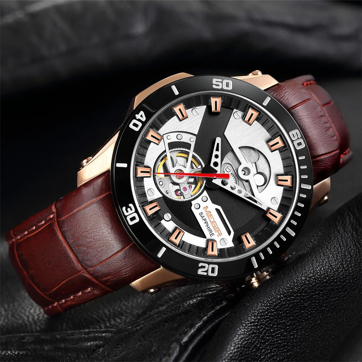 MEGIR 62069 Montre Homme Fashion Leather Watches for Men Sapphire Stainless Steel Automatic Mechanical Watch Sports Watch Clock