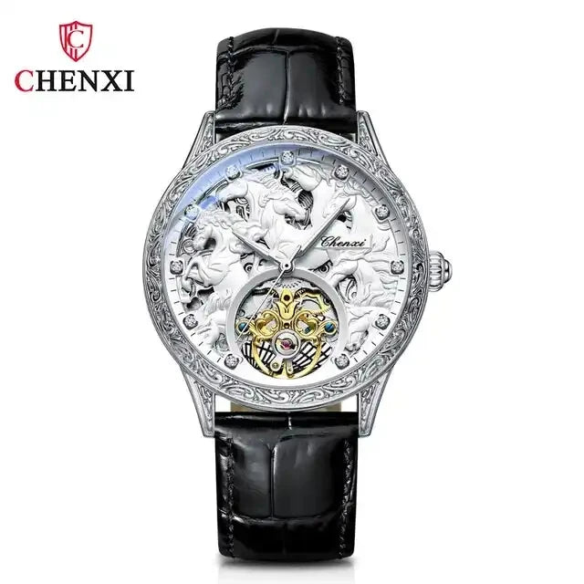 CHENXI 6029 New Black Leather Mechanical Automatic Skeleton Watch Fashion Mens Watches Golden Tiger Clock for Man Montre Homme