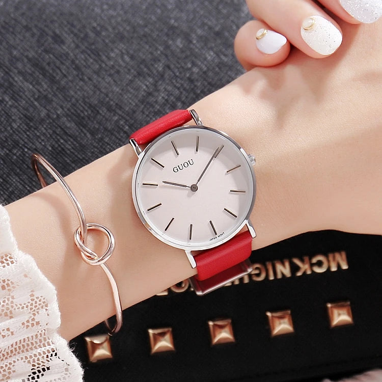 GUOU 6003 Classic Red Female Quartz Watch Latest Genuine Leather Band Elegant Waterproof Nice Minimalist Business Watch Factory
