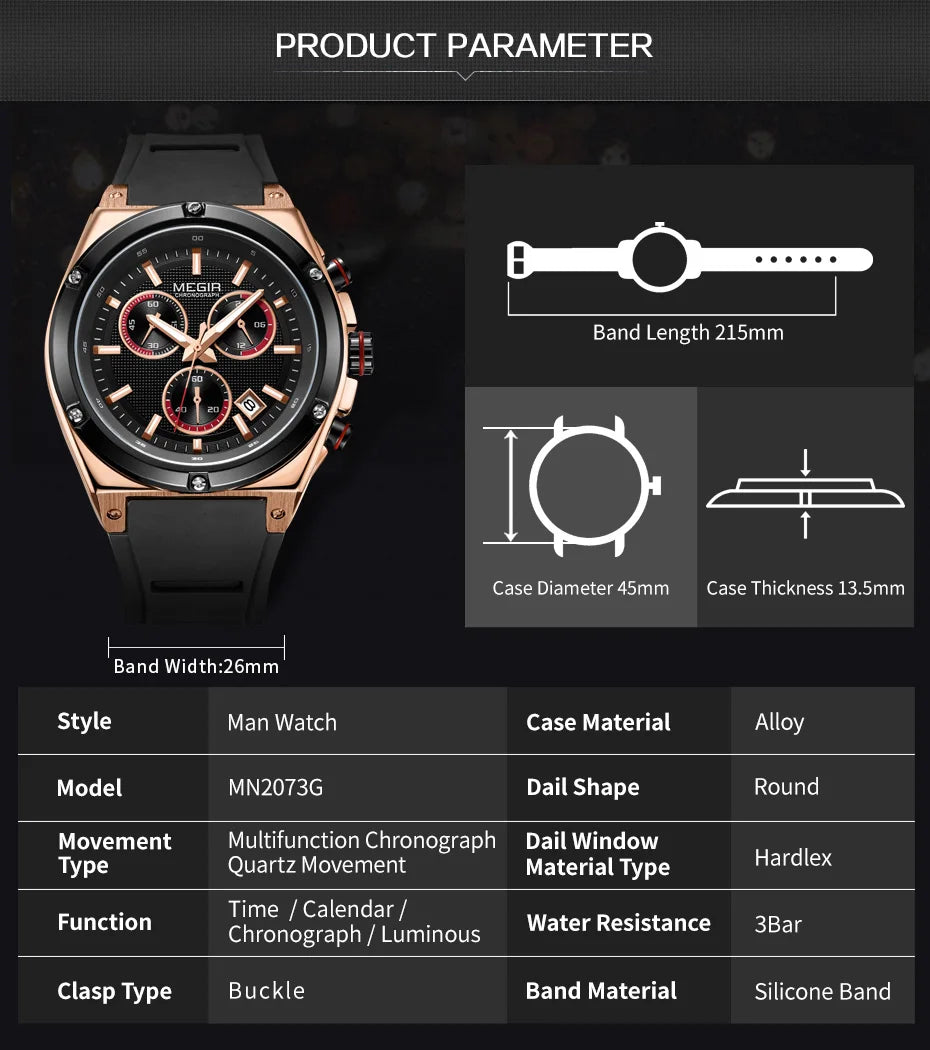MEGIR 2073 Men Luxury Watches Silicone Quartz Chronograph Fashion Sports Business Wristwatch Luminous Male Clock Montre Homme