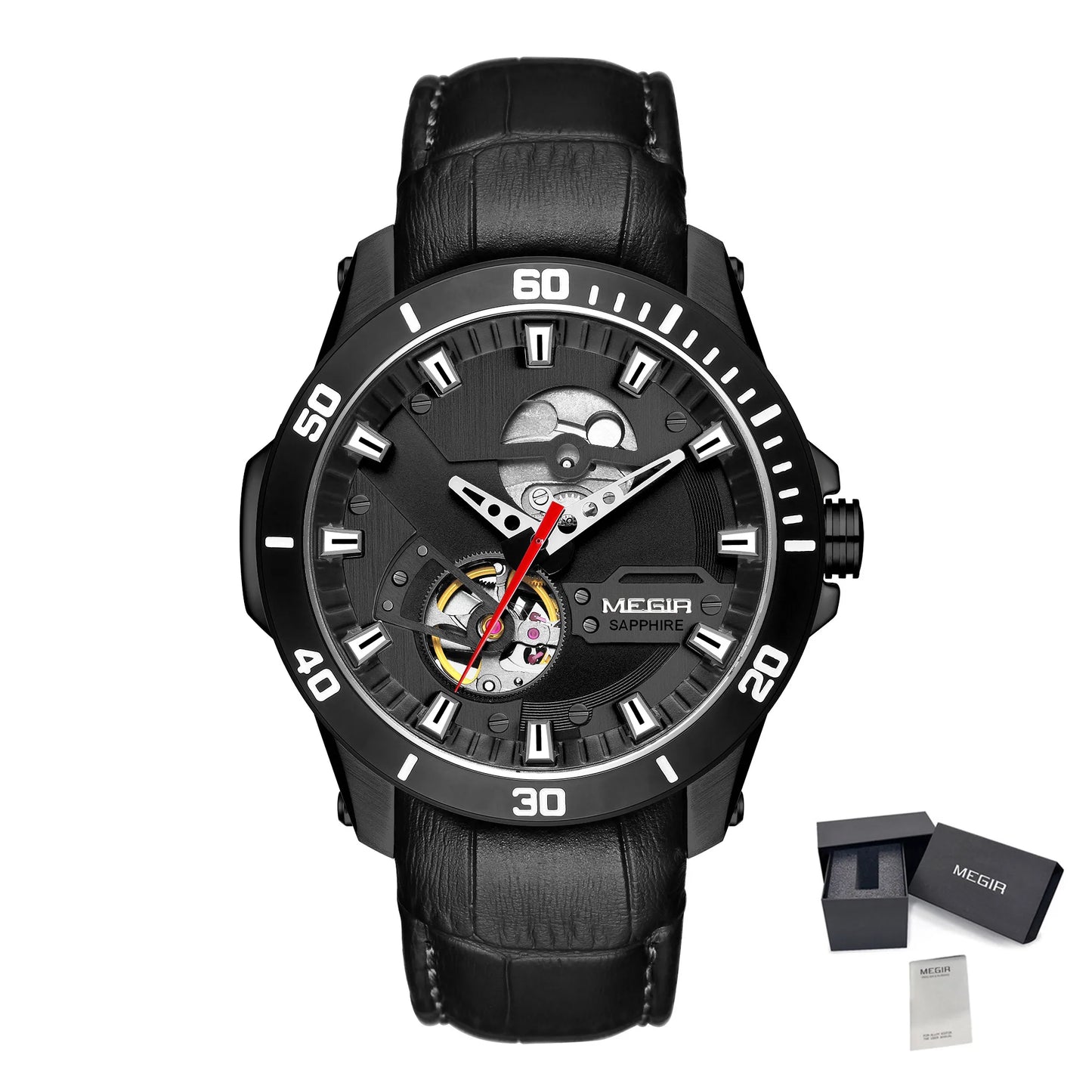 MEGIR 62069 Montre Homme Fashion Leather Watches for Men Sapphire Stainless Steel Automatic Mechanical Watch Sports Watch Clock