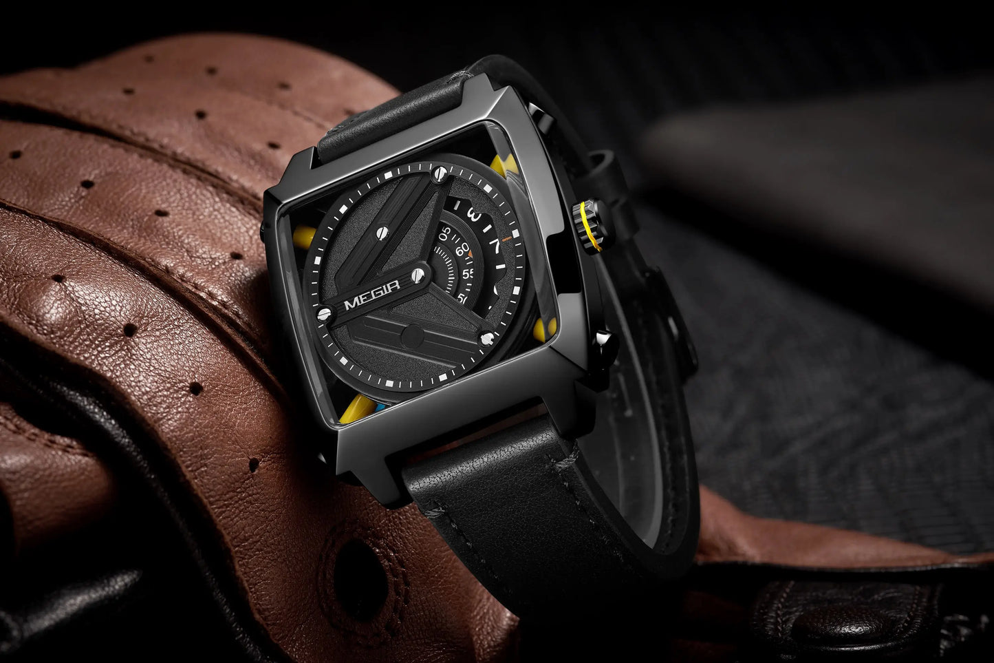 MEGIR 62071 Men's Waterproof Business Casual Leather Strap Automatic Mechanical Watch Tonneau Case Charm Wristwatch Montre Homme
