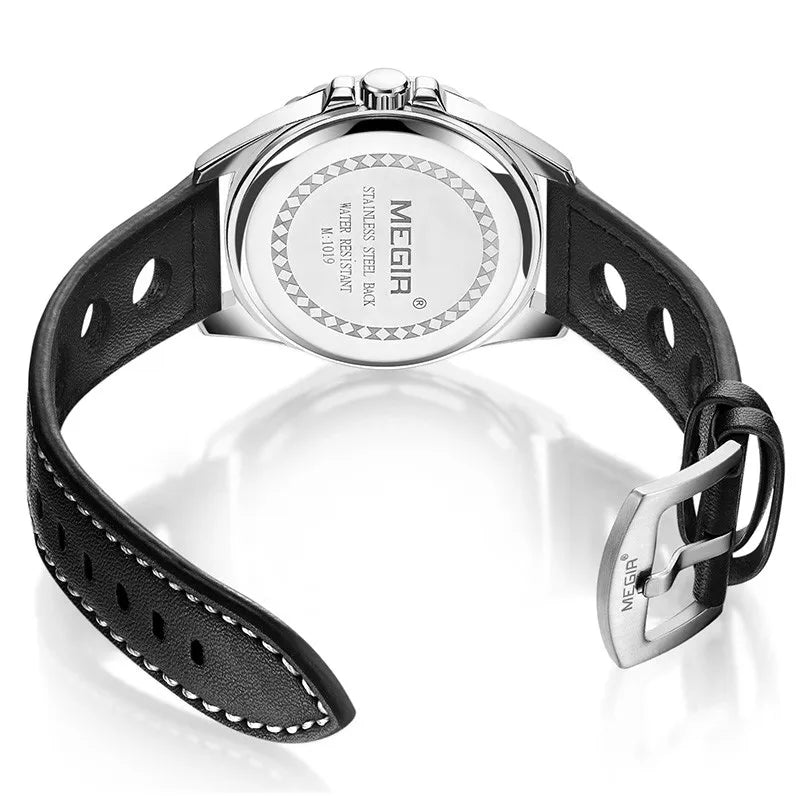 MEGIR 1019 Stylish Sports Watch Genuine Leather Strap Calendar Luminous Hands Waterproof Men Quartz Watches Montre Homme