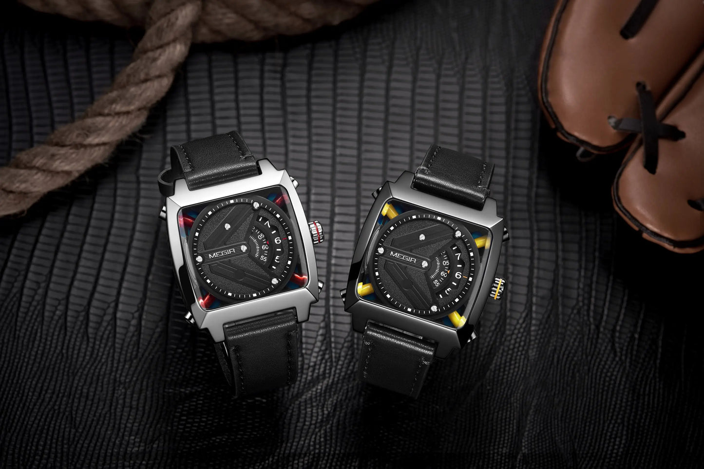 MEGIR 62071 Men's Waterproof Business Casual Leather Strap Automatic Mechanical Watch Tonneau Case Charm Wristwatch Montre Homme
