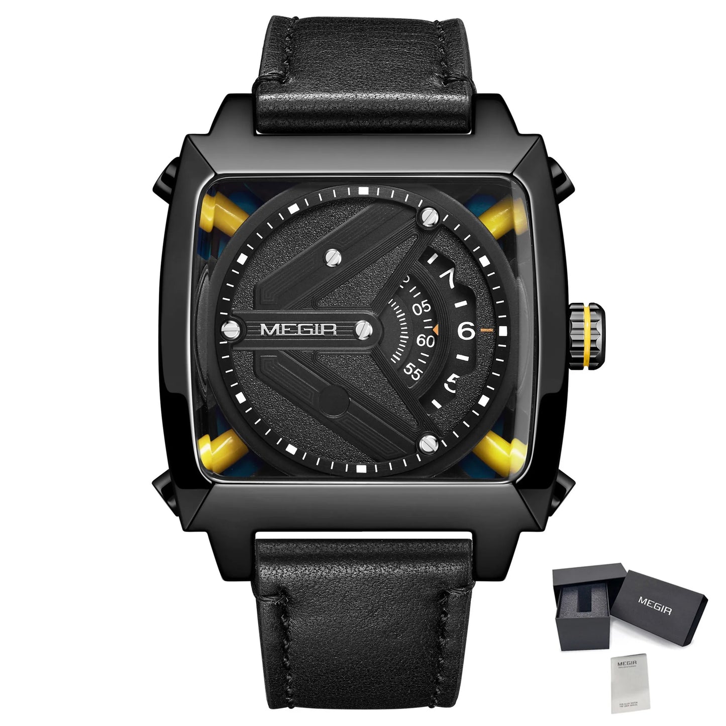 MEGIR 62071 Men's Waterproof Business Casual Leather Strap Automatic Mechanical Watch Tonneau Case Charm Wristwatch Montre Homme