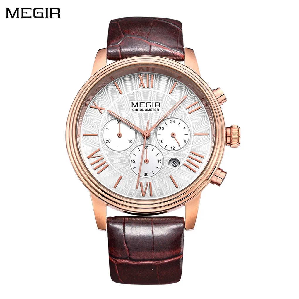 MEGIR 2012 Brown Retro Sports Quartz Men's Watches Large Dial Chronograph Watch Fashion Multifunctional Wrist Watch Montre Homme