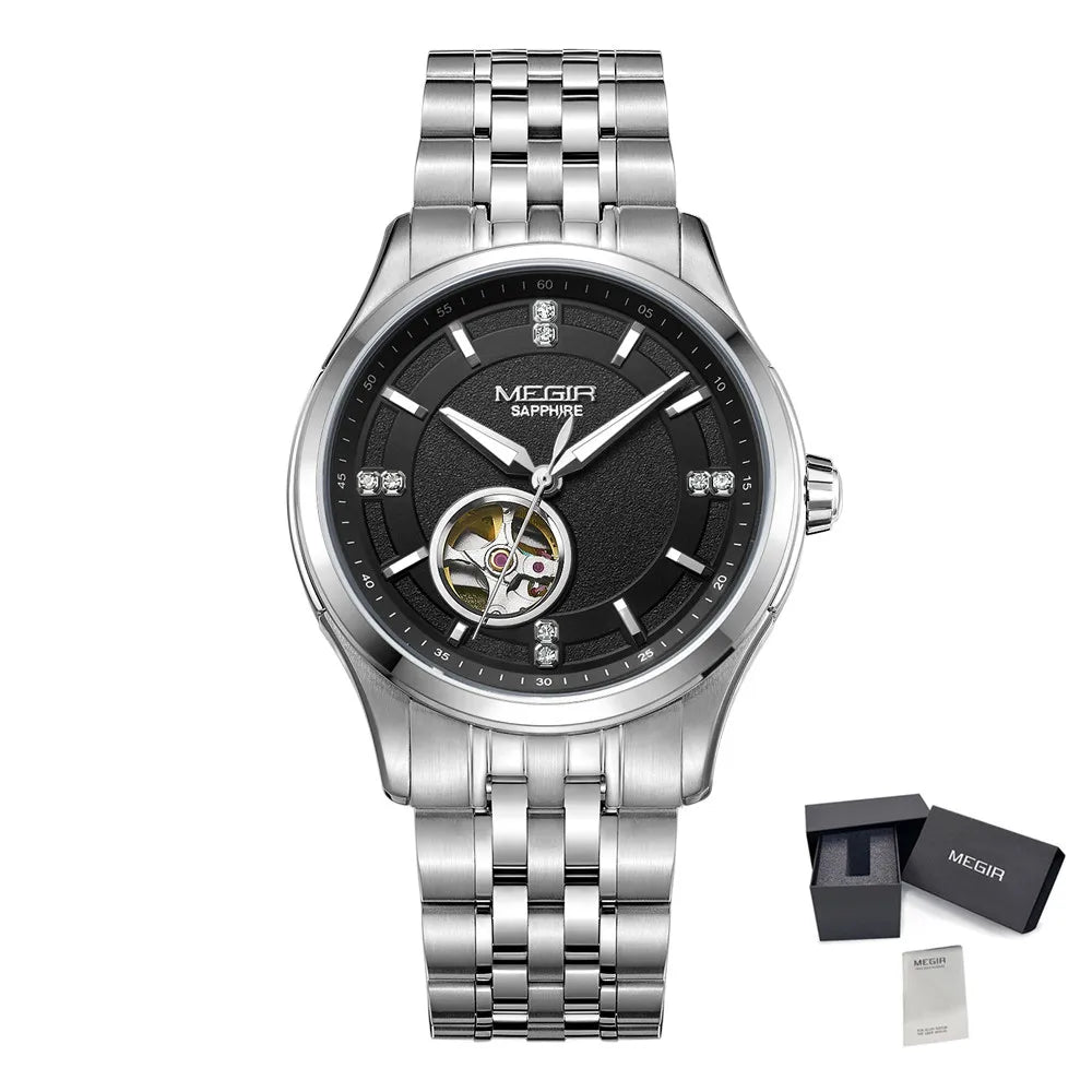 MEGIR Top Brand Luxury Business Watch Men Stainless Steel Waterproof Automatic Mechanical WristWatch Big Dial Montre Homme 62055