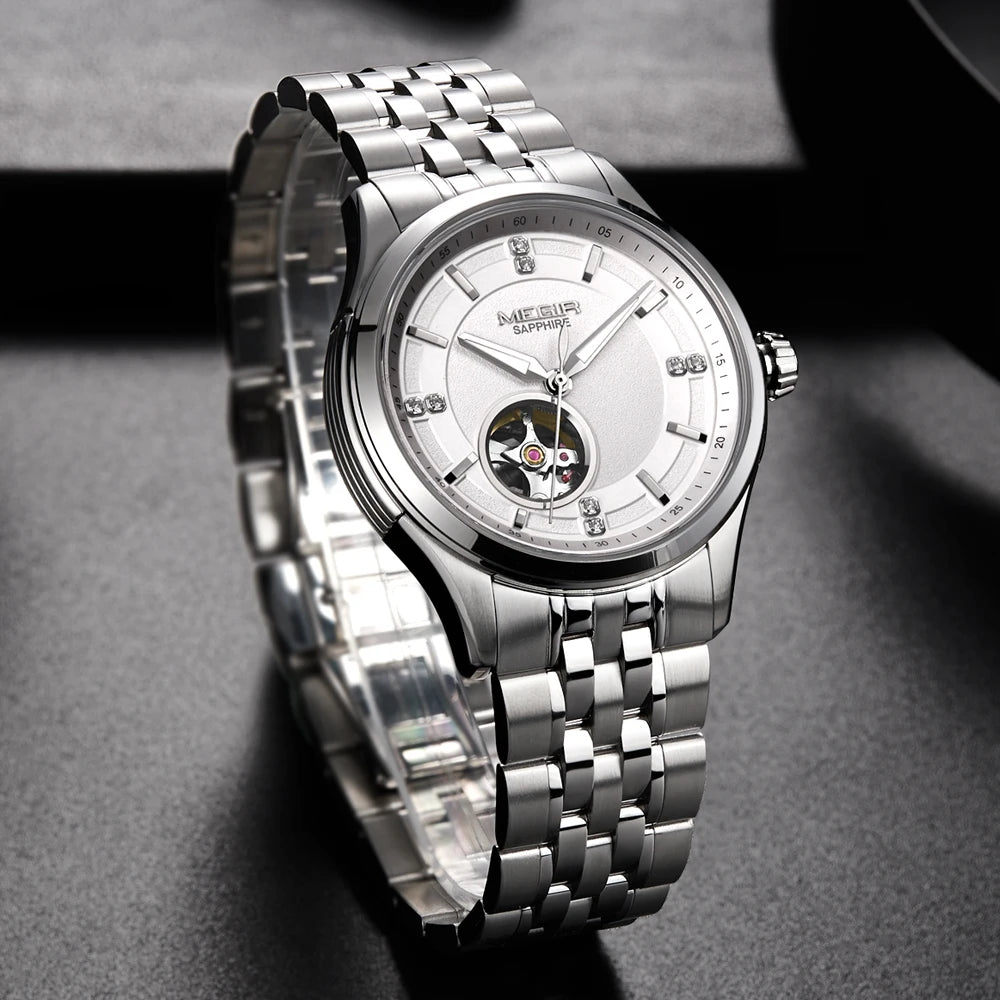 MEGIR Top Brand Luxury Business Watch Men Stainless Steel Waterproof Automatic Mechanical WristWatch Big Dial Montre Homme 62055