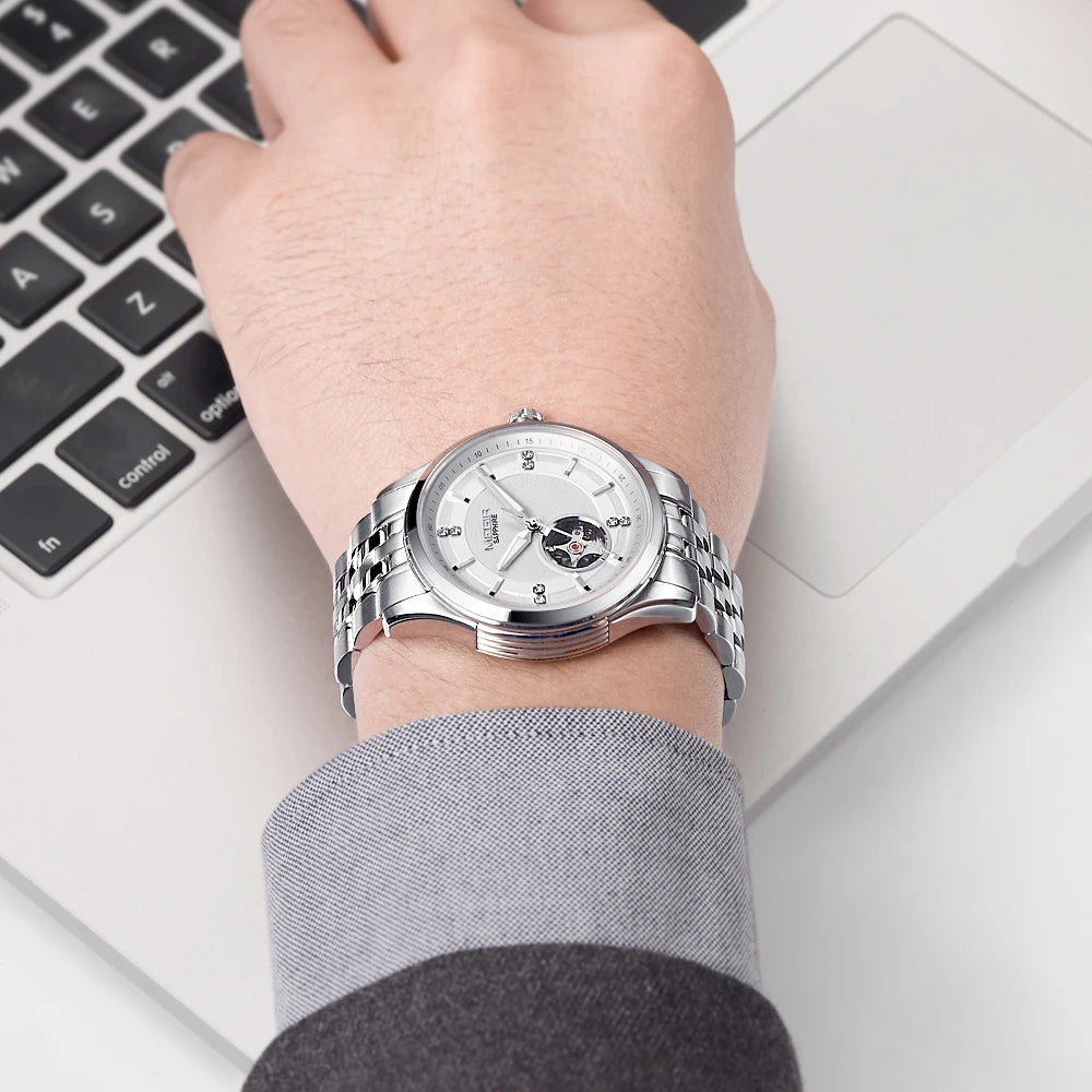MEGIR Top Brand Luxury Business Watch Men Stainless Steel Waterproof Automatic Mechanical WristWatch Big Dial Montre Homme 62055