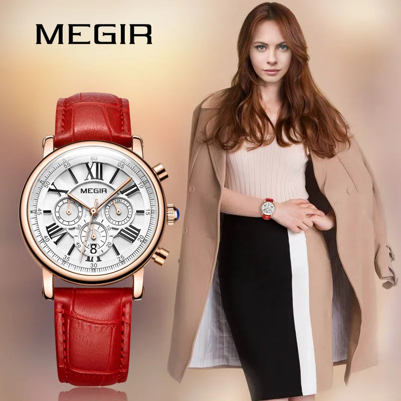 MEGIR 2058 Luxury Ladies Colors Watch Costume Stainless Steel Strap Custom Logo Chronograph Concise Casual Watch Montre Femme