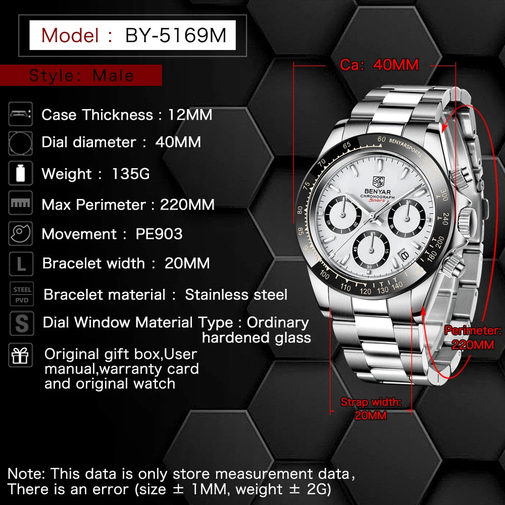 Relojes Hombre 2024 BENYAR nouvelles montres hommes marque de luxe chronographe hommes montres de Sport étanche en acier inoxydable montre à Quartz - Lencensa 