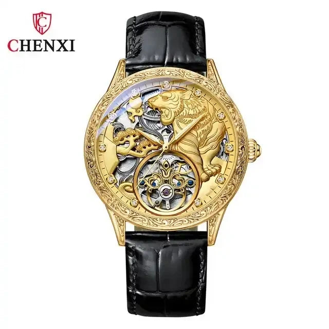 CHENXI 6029 New Black Leather Mechanical Automatic Skeleton Watch Fashion Mens Watches Golden Tiger Clock for Man Montre Homme