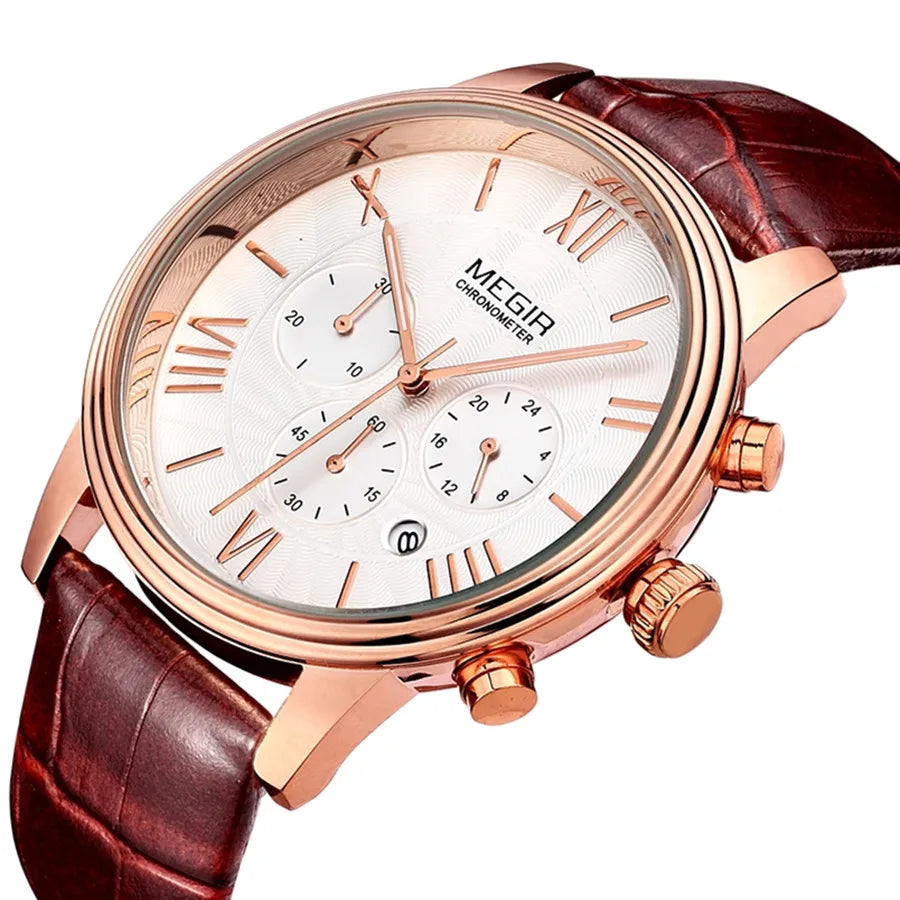 MEGIR 2012 Brown Retro Sports Quartz Men's Watches Large Dial Chronograph Watch Fashion Multifunctional Wrist Watch Montre Homme