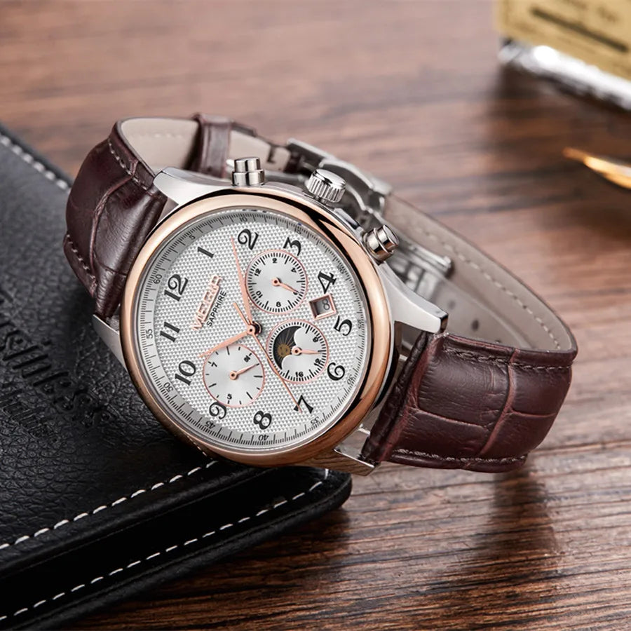 MEGIR 62046 Men Automatic Mechanical Watches Moon Phase Leather Casual Business Wristwatch Sapphire Date Clock Montre Homme