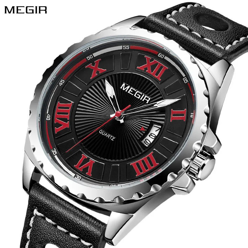 MEGIR 1019 Stylish Sports Watch Genuine Leather Strap Calendar Luminous Hands Waterproof Men Quartz Watches Montre Homme