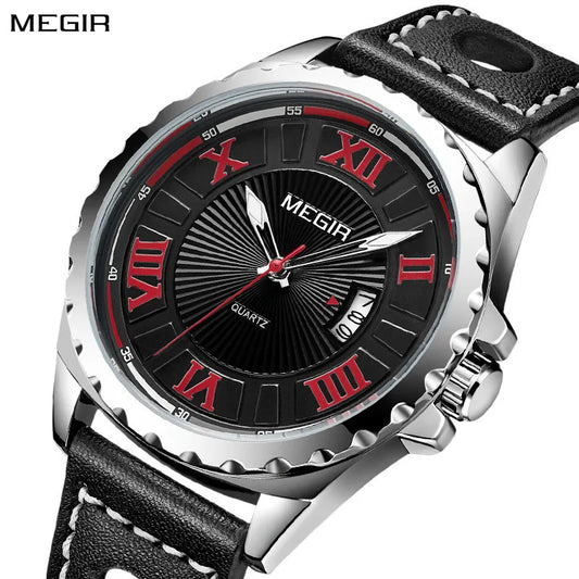 MEGIR 1019 Stylish Sports Watch Genuine Leather Strap Calendar Luminous Hands Waterproof Men Quartz Watches Montre Homme