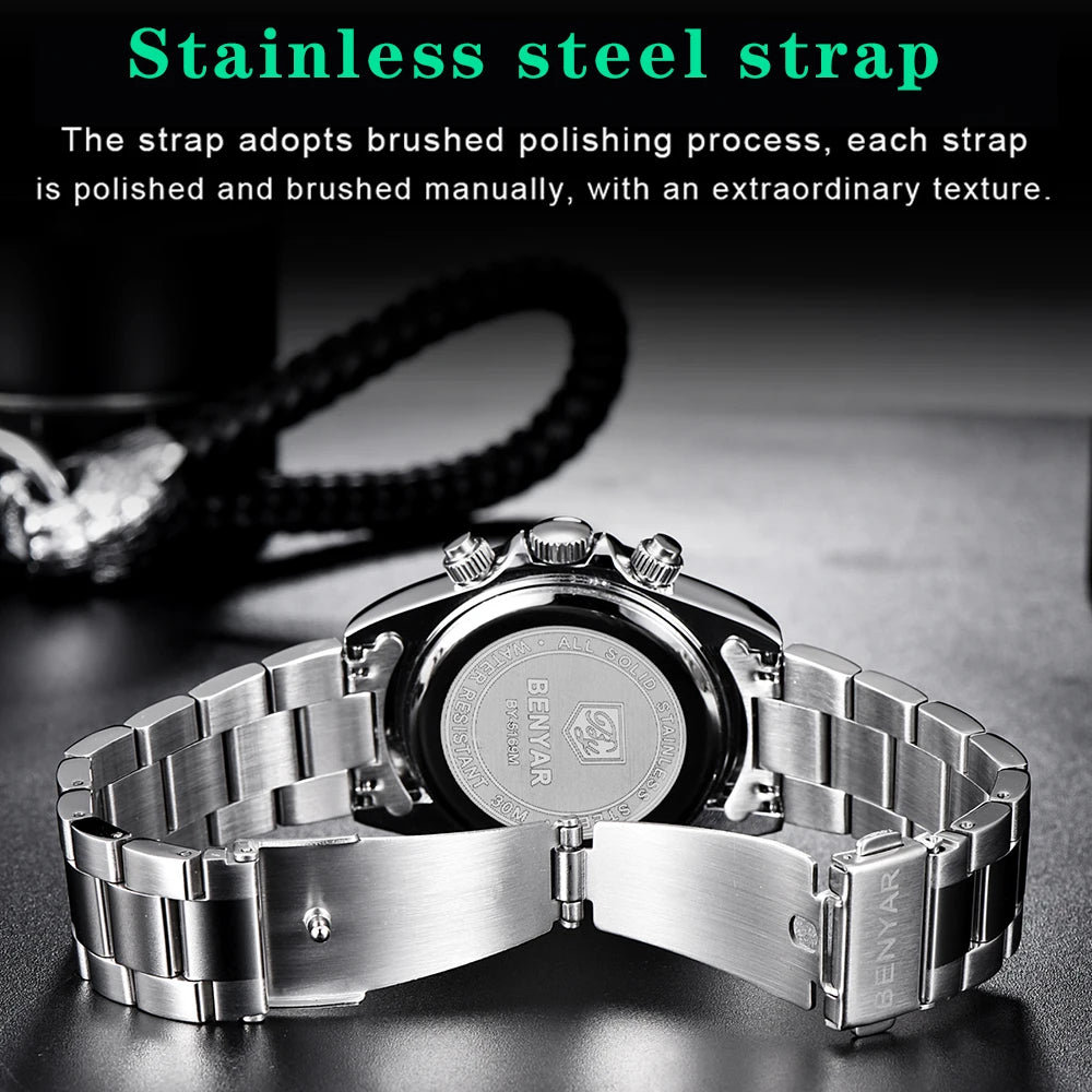 Relojes Hombre 2024 BENYAR nouvelles montres hommes marque de luxe chronographe hommes montres de Sport étanche en acier inoxydable montre à Quartz - Lencensa 