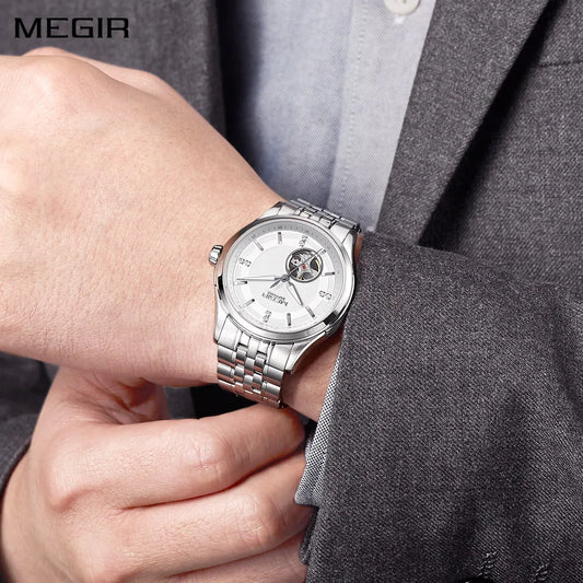 MEGIR Top Brand Luxury Business Watch Men Stainless Steel Waterproof Automatic Mechanical WristWatch Big Dial Montre Homme 62055
