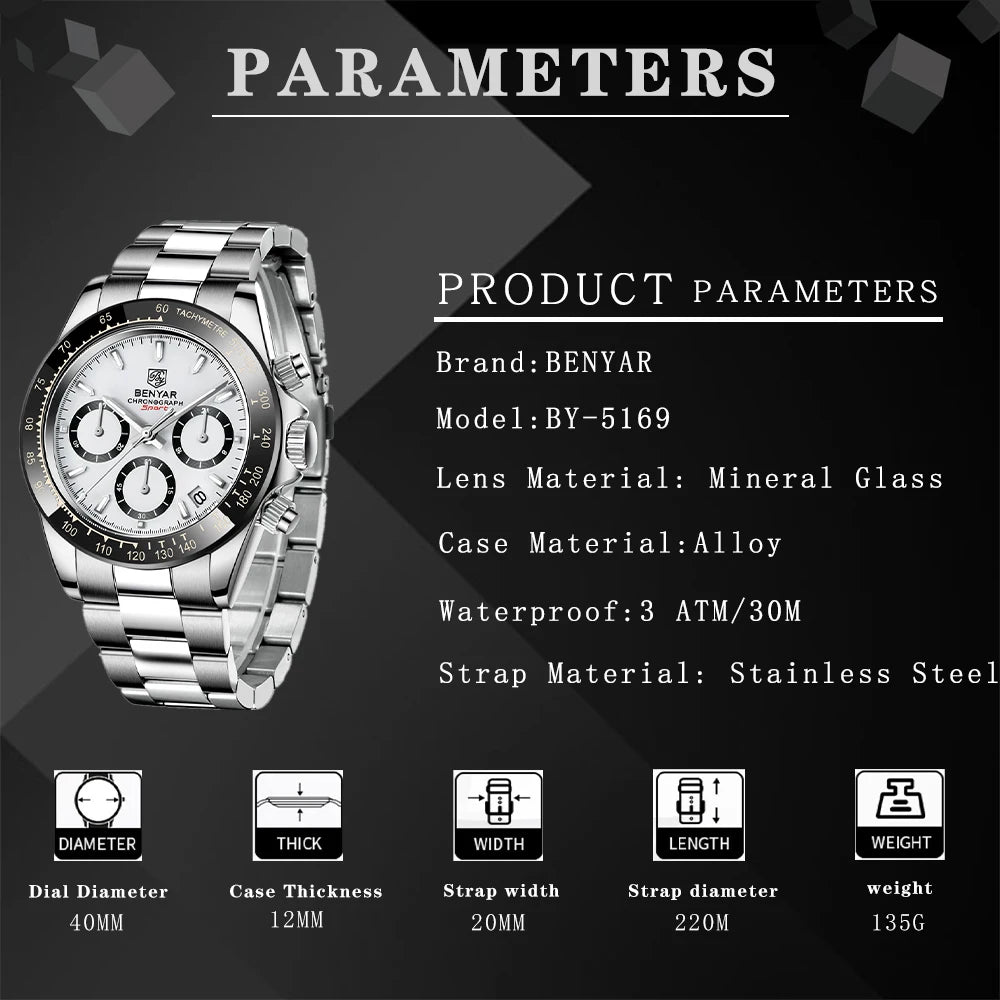 Relojes Hombre 2024 BENYAR nouvelles montres hommes marque de luxe chronographe hommes montres de Sport étanche en acier inoxydable montre à Quartz - Lencensa 