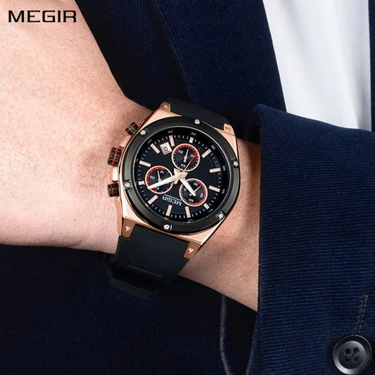 MEGIR 2073 Men Luxury Watches Silicone Quartz Chronograph Fashion Sports Business Wristwatch Luminous Male Clock Montre Homme