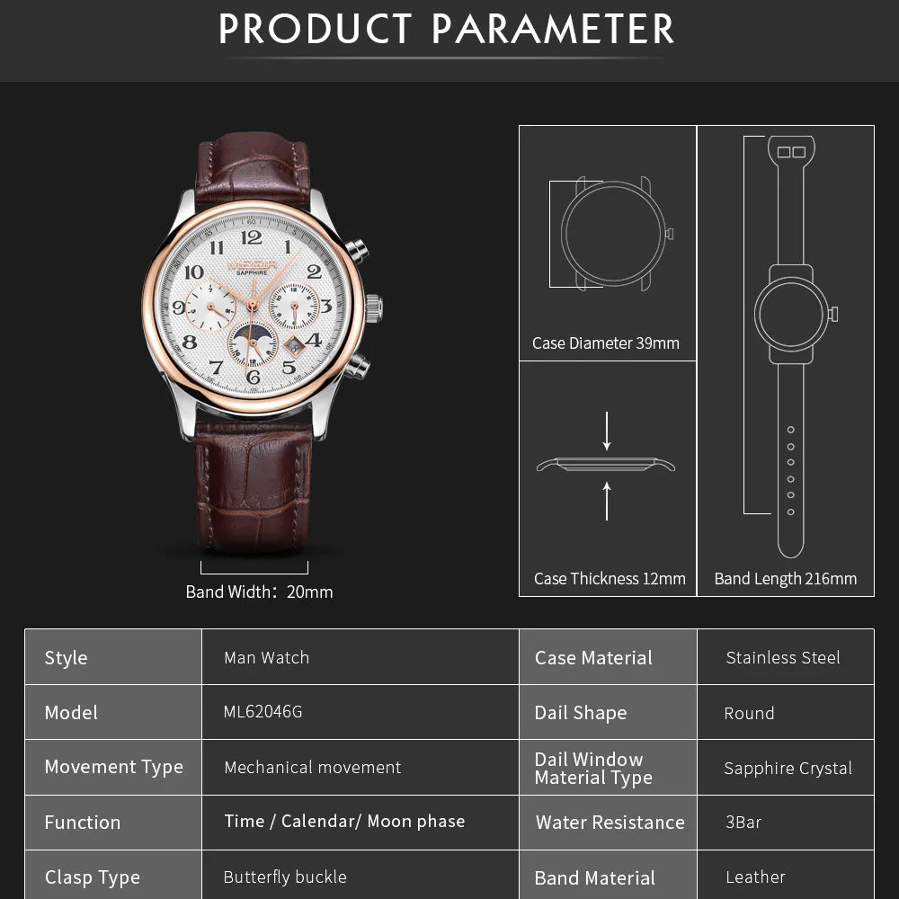 MEGIR 62046 Men Automatic Mechanical Watches Moon Phase Leather Casual Business Wristwatch Sapphire Date Clock Montre Homme