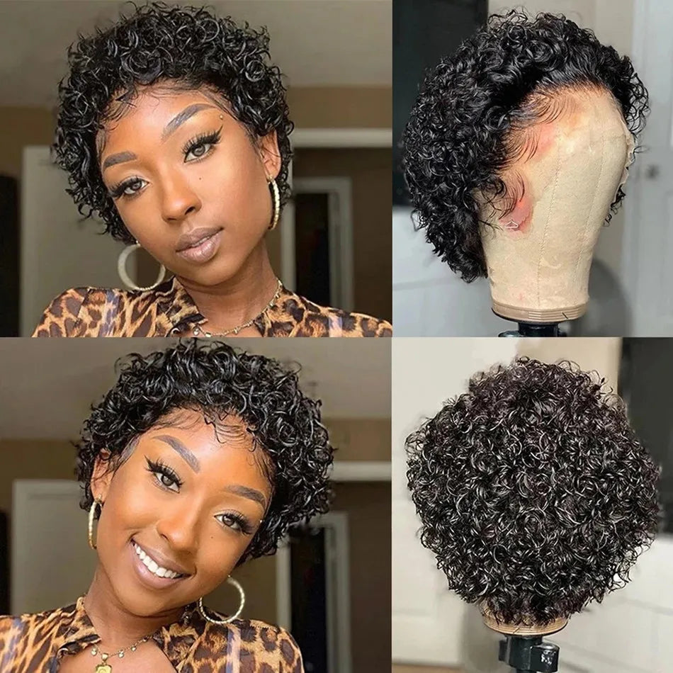 Perruque de cheveux humains courts bouclés coupe lutin perruque bresillienne pas cher Remy cheveux 13X1 perruques de dentelle transparente pour les femmes vente
