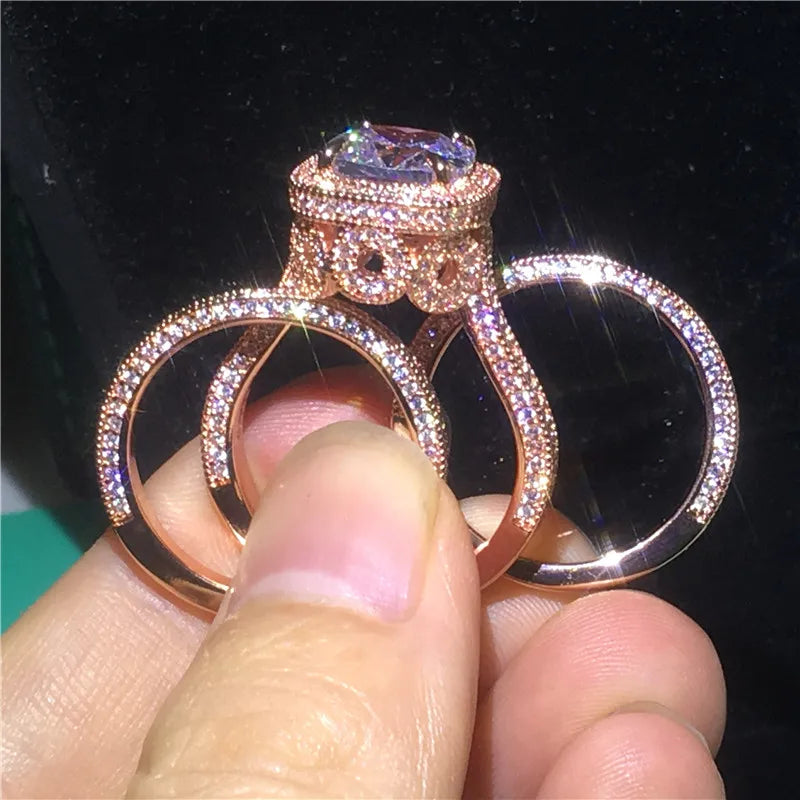Ensemble de matiques vintage en or rose 18 carats pour hommes et femmes, diamant CZ, bijoux en argent regardé 925, matiques de fiançailles et de mariage, 3 en 1