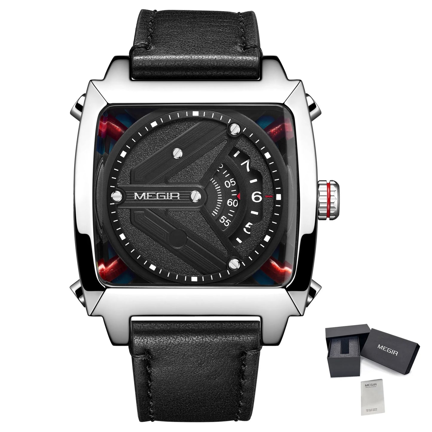 MEGIR 62071 Men's Waterproof Business Casual Leather Strap Automatic Mechanical Watch Tonneau Case Charm Wristwatch Montre Homme
