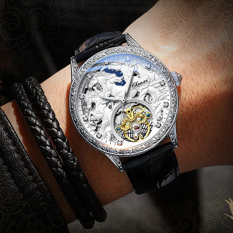 CHENXI 6029 New Black Leather Mechanical Automatic Skeleton Watch Fashion Mens Watches Golden Tiger Clock for Man Montre Homme