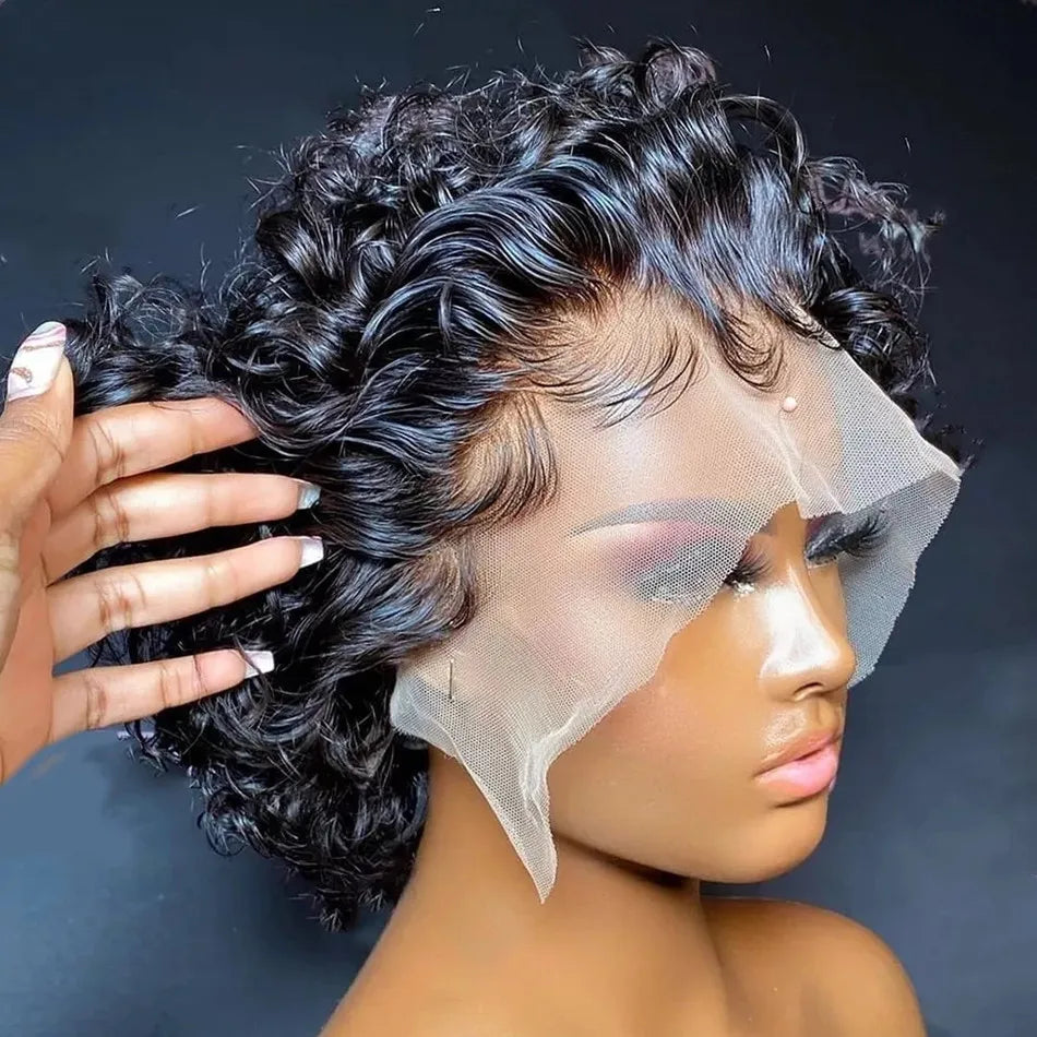 Perruque de cheveux humains courts bouclés coupe lutin perruque bresillienne pas cher Remy cheveux 13X1 perruques de dentelle transparente pour les femmes vente