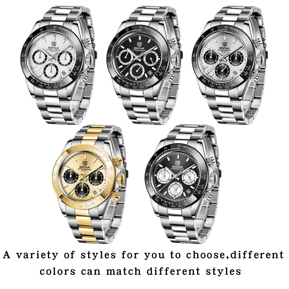 Relojes Hombre 2024 BENYAR nouvelles montres hommes marque de luxe chronographe hommes montres de Sport étanche en acier inoxydable montre à Quartz - Lencensa 