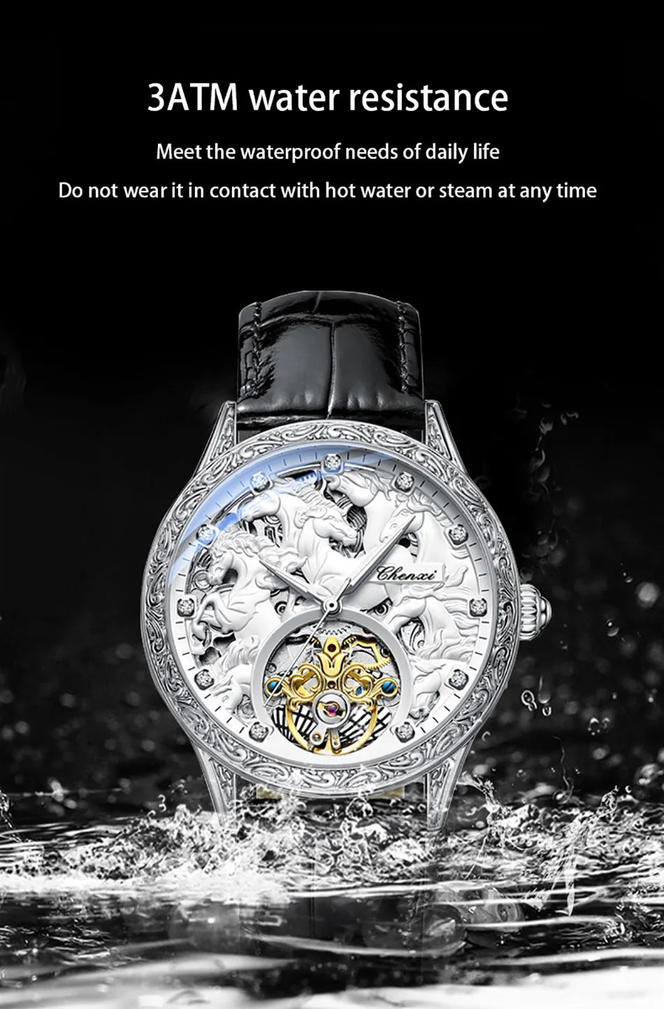 CHENXI 6029 New Black Leather Mechanical Automatic Skeleton Watch Fashion Mens Watches Golden Tiger Clock for Man Montre Homme