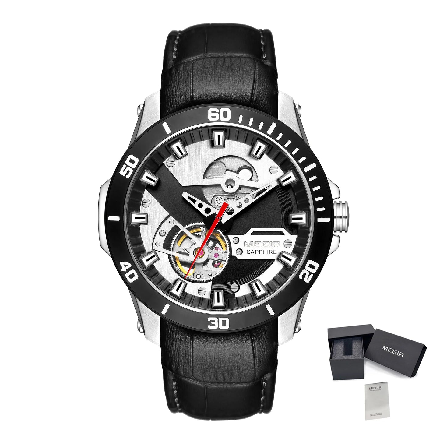 MEGIR 62069 Montre Homme Fashion Leather Watches for Men Sapphire Stainless Steel Automatic Mechanical Watch Sports Watch Clock