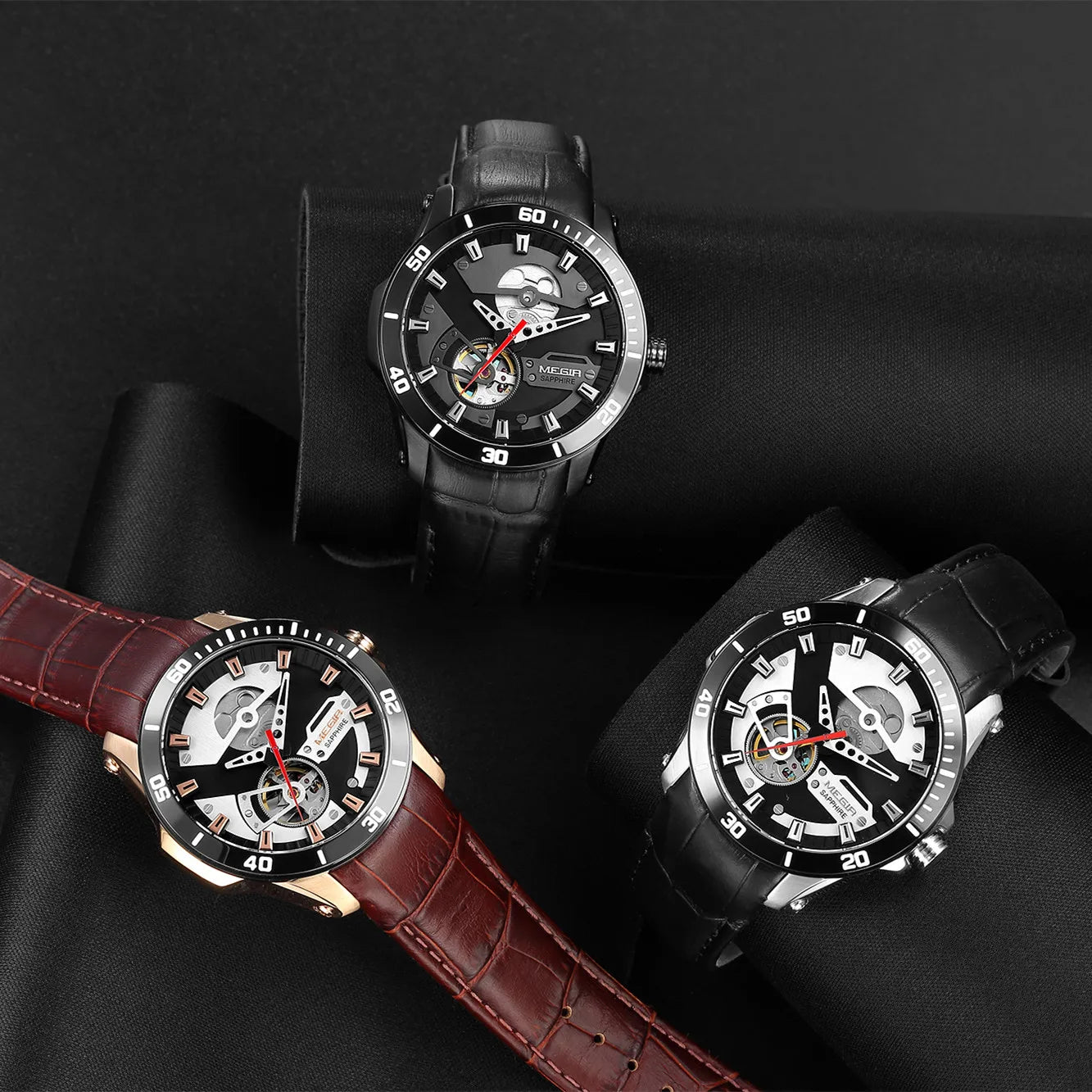 MEGIR 62069 Montre Homme Fashion Leather Watches for Men Sapphire Stainless Steel Automatic Mechanical Watch Sports Watch Clock