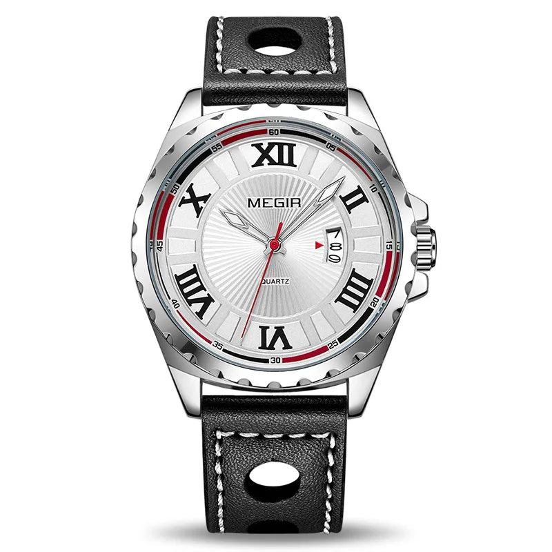 MEGIR 1019 Stylish Sports Watch Genuine Leather Strap Calendar Luminous Hands Waterproof Men Quartz Watches Montre Homme