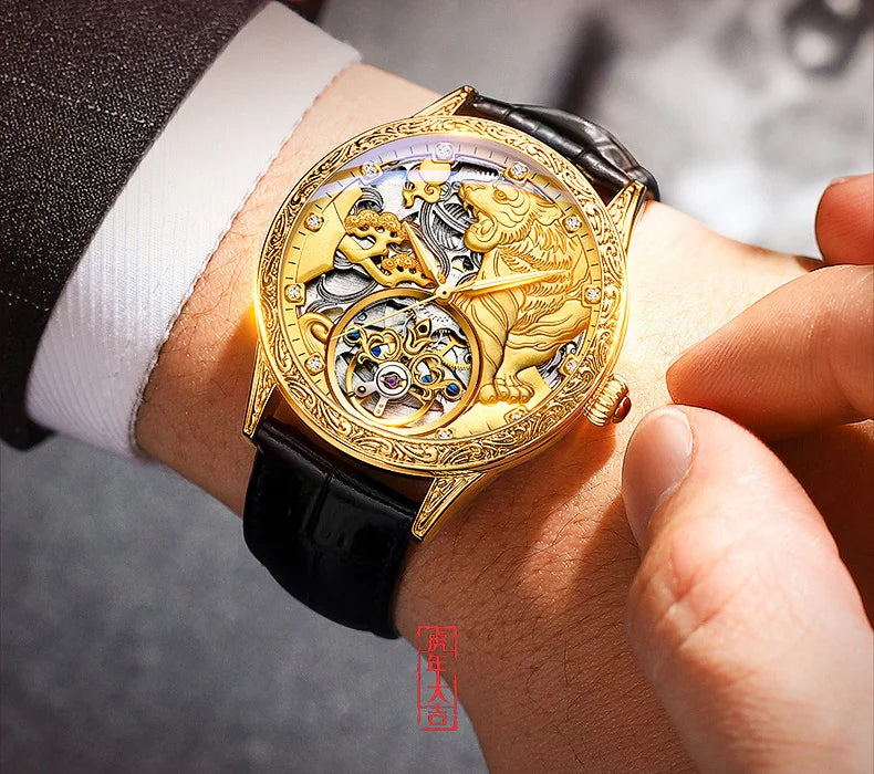 CHENXI 6029 New Black Leather Mechanical Automatic Skeleton Watch Fashion Mens Watches Golden Tiger Clock for Man Montre Homme